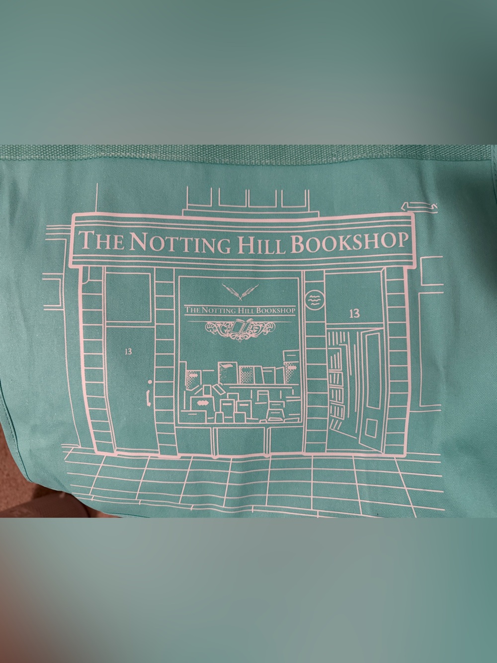 The Notting Hill Bookshop Canvas Tote in Teal with White Print